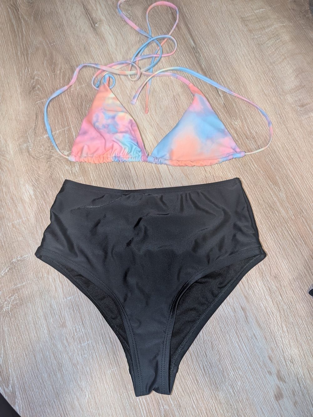 Pastel Tie Dye Triangle Bikini Top with Black High-Waist Bottoms